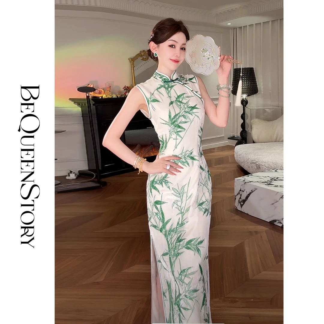 余潇潇 【节节高升】100桑蚕丝丝绒刺绣国风无袖连衣裙旗袍