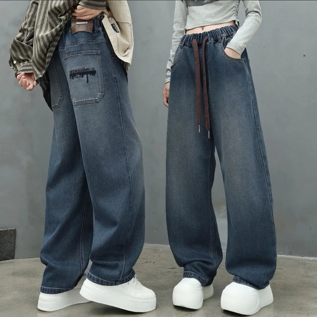 秋季潮牌刺绣小弯刀牛仔裤男士美式复古做旧松紧腰百搭直筒休闲裤