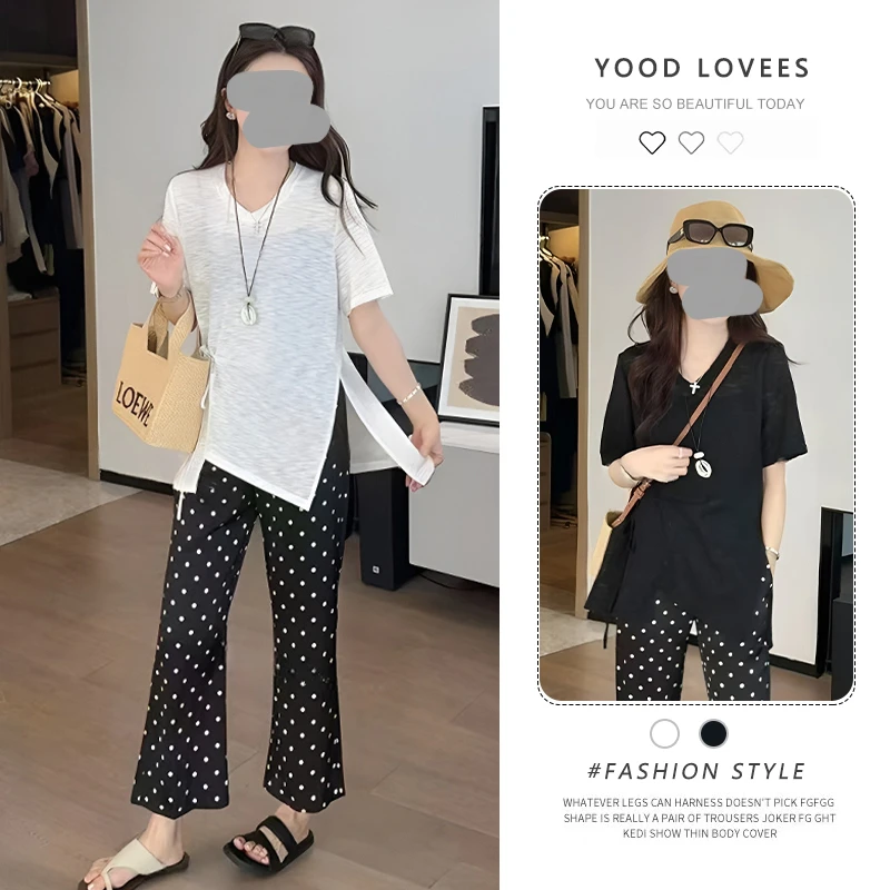 韩系穿搭一整套针织短袖波点裤套装时尚洋气减龄显瘦遮肉两件套女