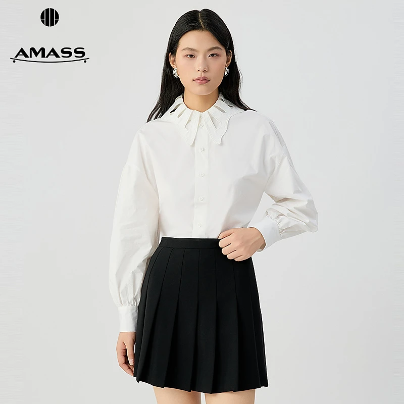 阿玛施AMASS 新款宫廷风简约质感不规则翻领纯棉长袖衬衫女530110