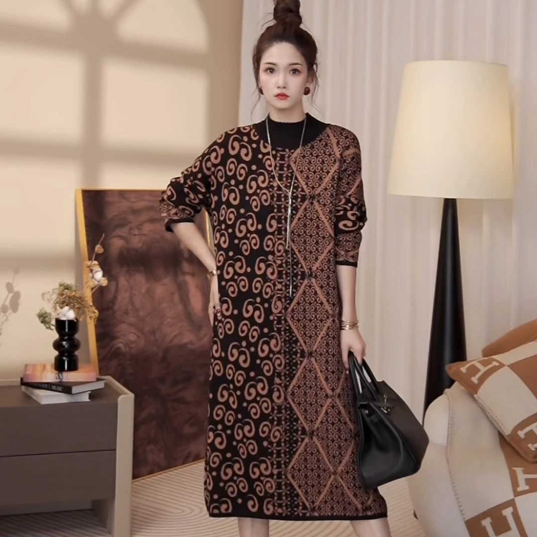 高端品质【别具一格】冬季竖立分边潮流款毛衣打底连衣裙-6221#