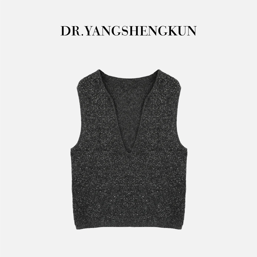 杨圣坤2025新品羊驼毛羊毛混纺时尚亮片V领针织衫马夹女SL259327