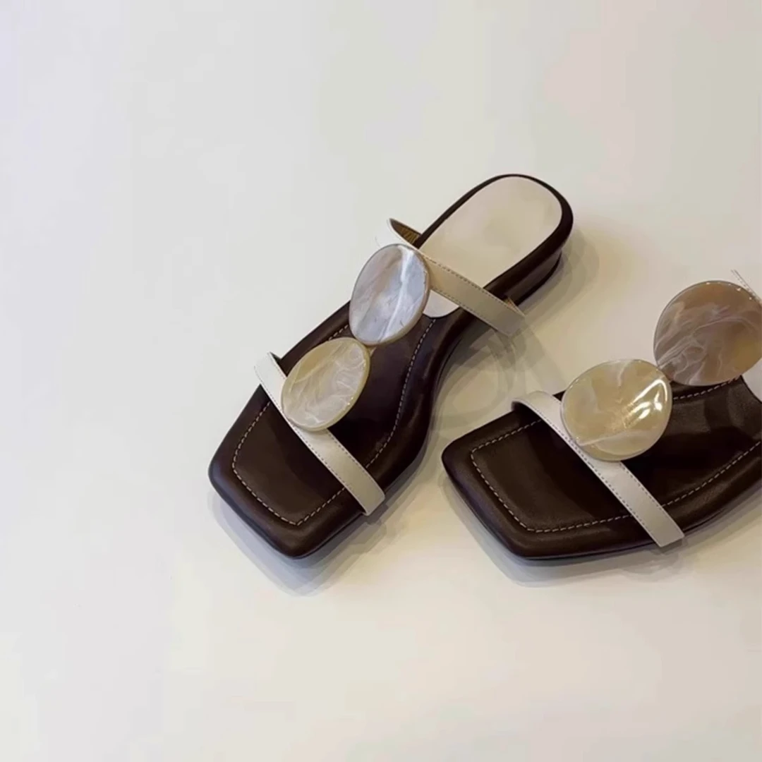 小众法式玛丽珍鞋一字凉拖鞋女外穿露趾方头气质罗马鞋平底沙滩鞋