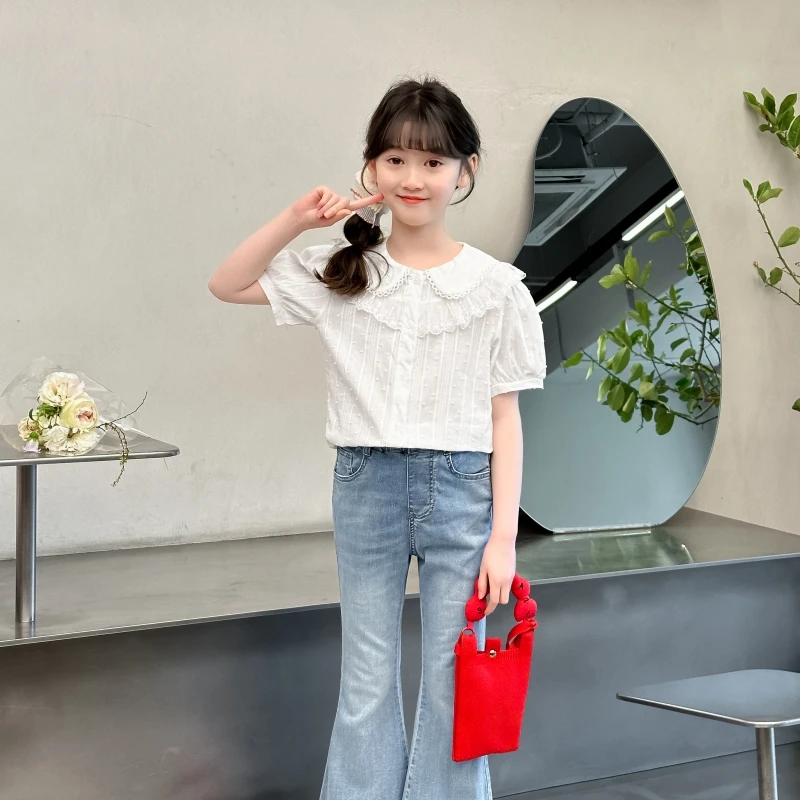 女童纯棉衬衫夏装新款儿童洋气韩版森系蕾丝花边中大童短袖上衣夏