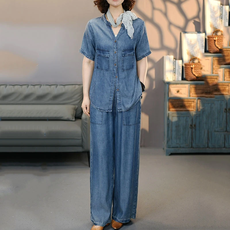 3636-365蓝色套装2025夏季新款莱赛尔短袖衬衫裤子百搭上衣九分裤