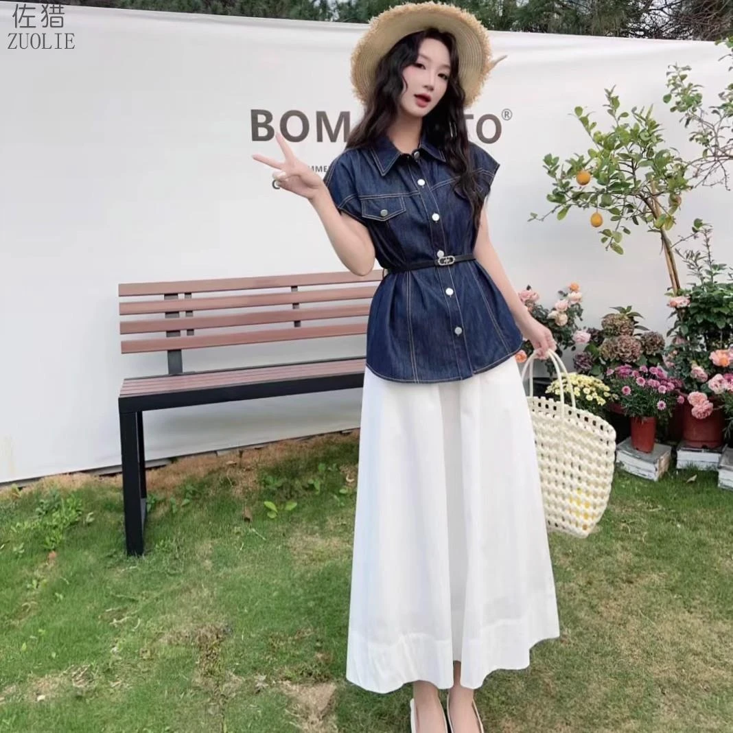 时尚套装2025春夏新款韩版文艺知性淑女气质牛仔上衣半身裙三件套