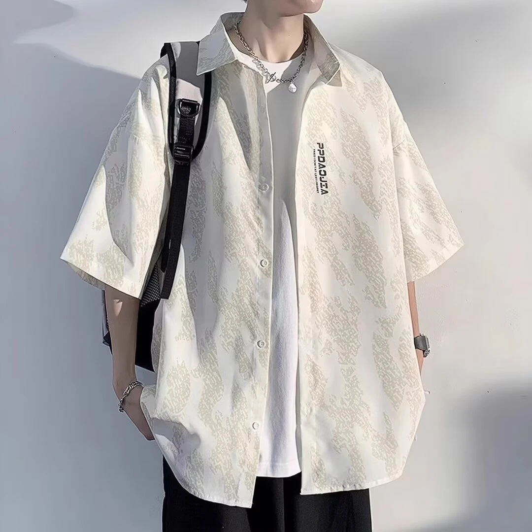 夏季短袖衬衫休闲宽松五分袖外套百搭休闲简约日系情侣衬衣衬衫男