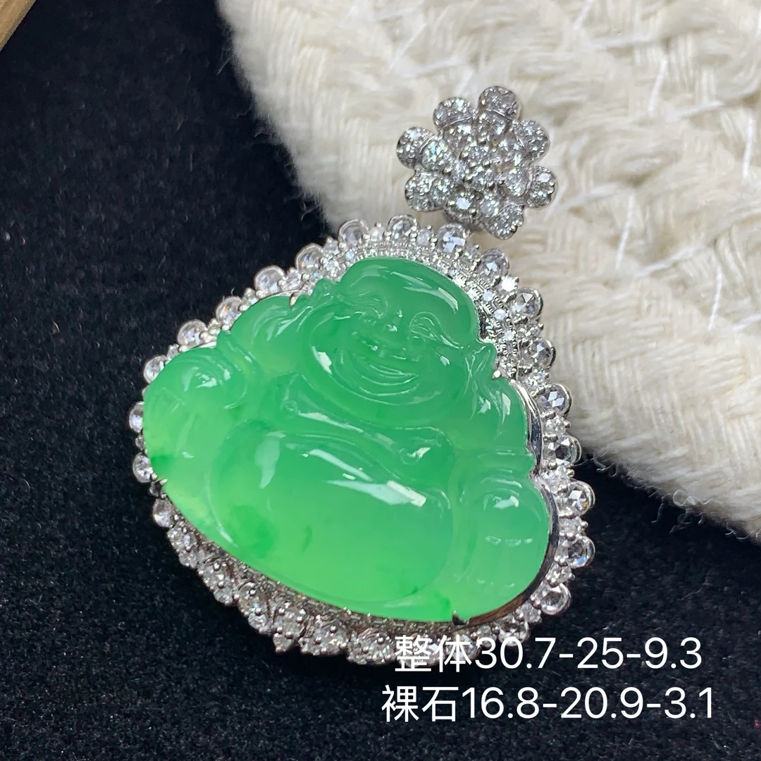 翡翠满绿果绿冰佛公吊坠18k金密钻镶嵌缅甸天然翡翠a货新年礼物