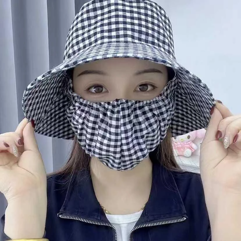 新款防晒帽子口罩一体大檐采茶帽遮阳帽遮脸夏季防紫外线格子帽