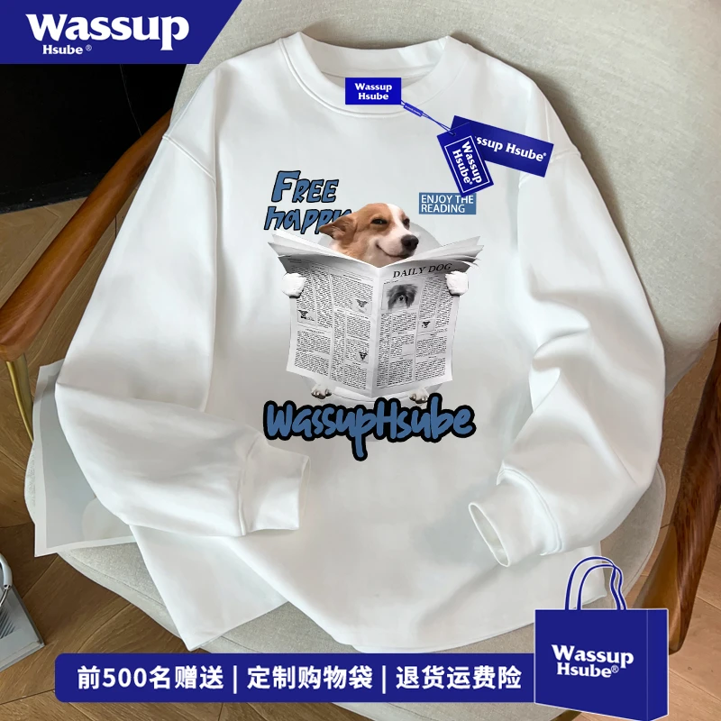 WASSUP HSUBE潮牌趣味报纸小狗印花长袖t恤男女秋季宽松圆领上衣
