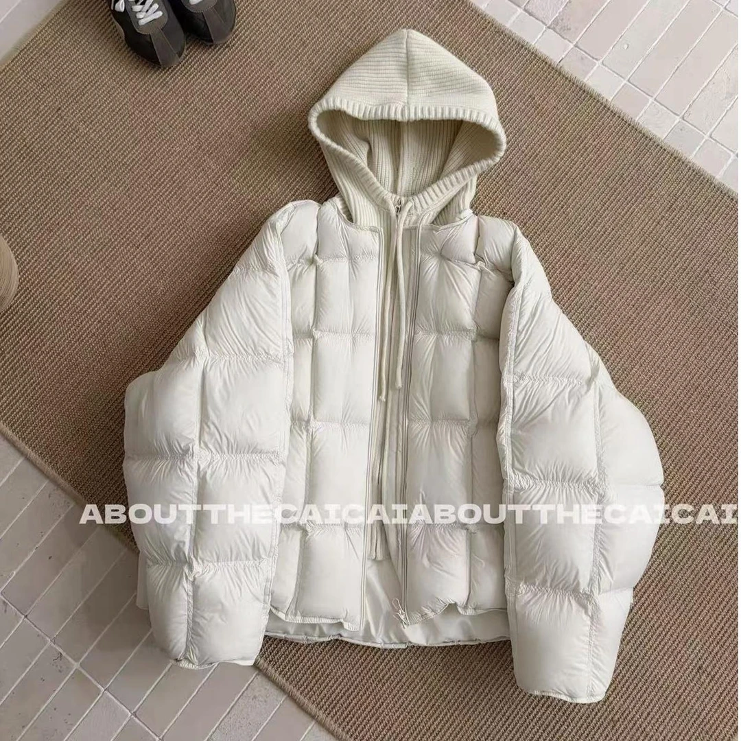 2025冬季新款时尚气质云朵泡芙连帽长袖假两件棉服外套女