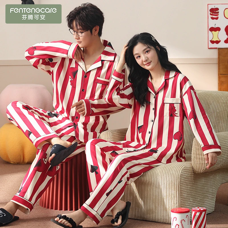 芬腾可安情侣睡衣春秋款100%纯棉长袖长裤女士全棉大码宽松男士家
