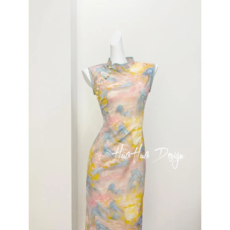 苏故里【千里江山】2025年新款复古气质送考旗袍修身双层衣长120