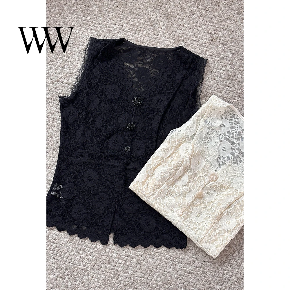 纯色内搭背心蕾丝镂空显瘦百搭短款女士复古法式