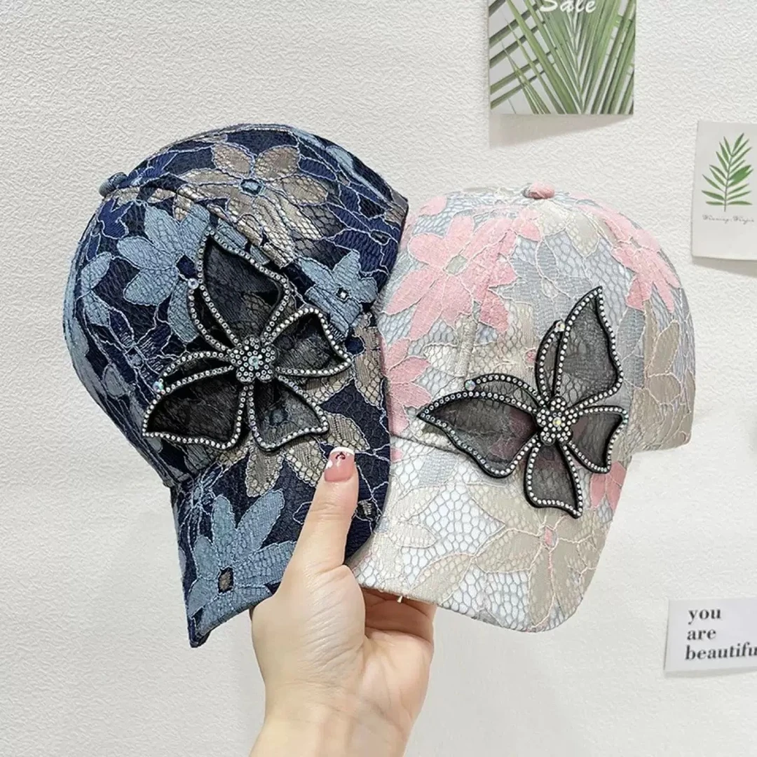 夏季薄款遮阳网帽女蝴蝶水钻蕾丝鸭舌帽休闲百搭棒球帽时尚防晒帽