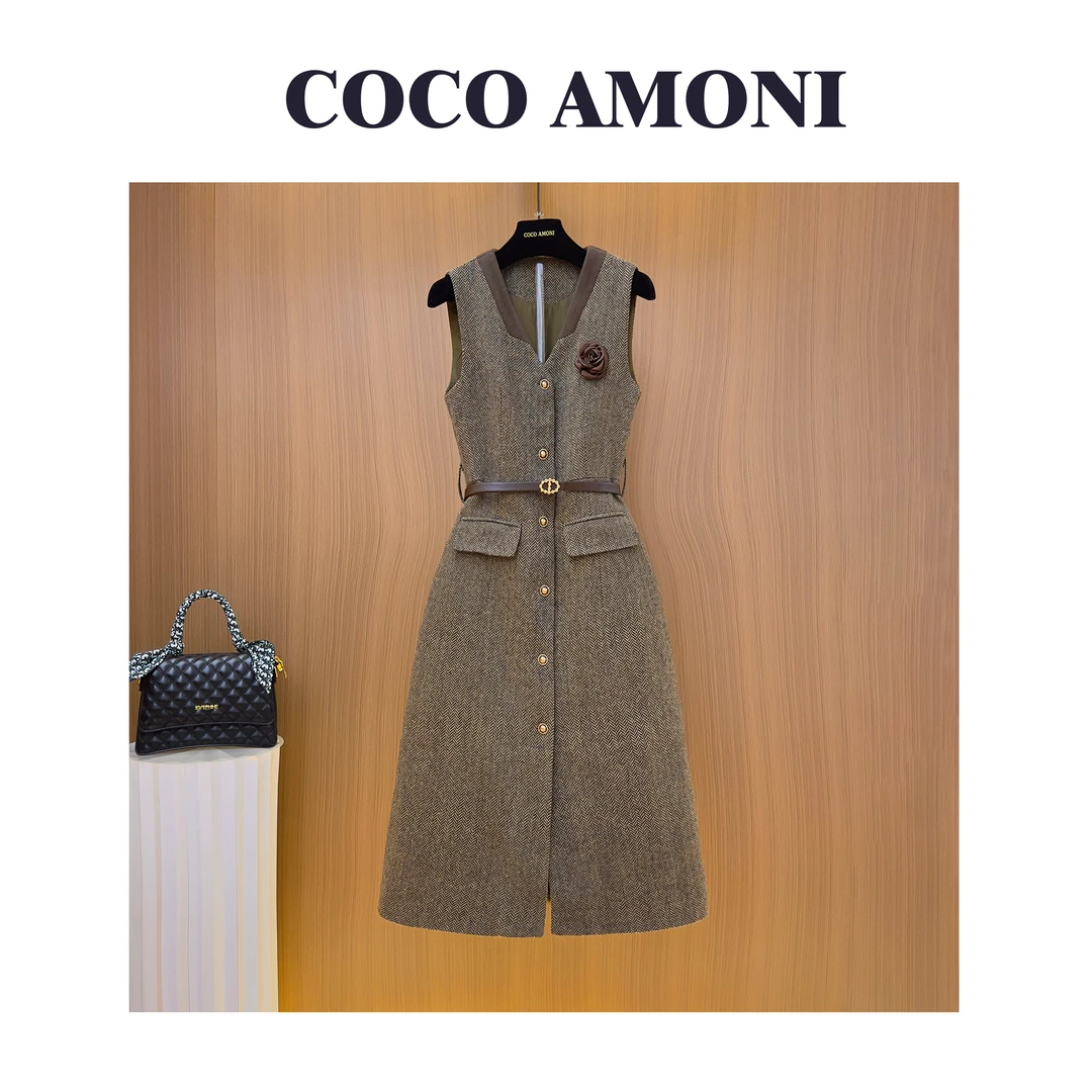 [曼姐]秋冬季时尚设计师爆款女装拼接收腰显瘦气质连衣裙WXH1201