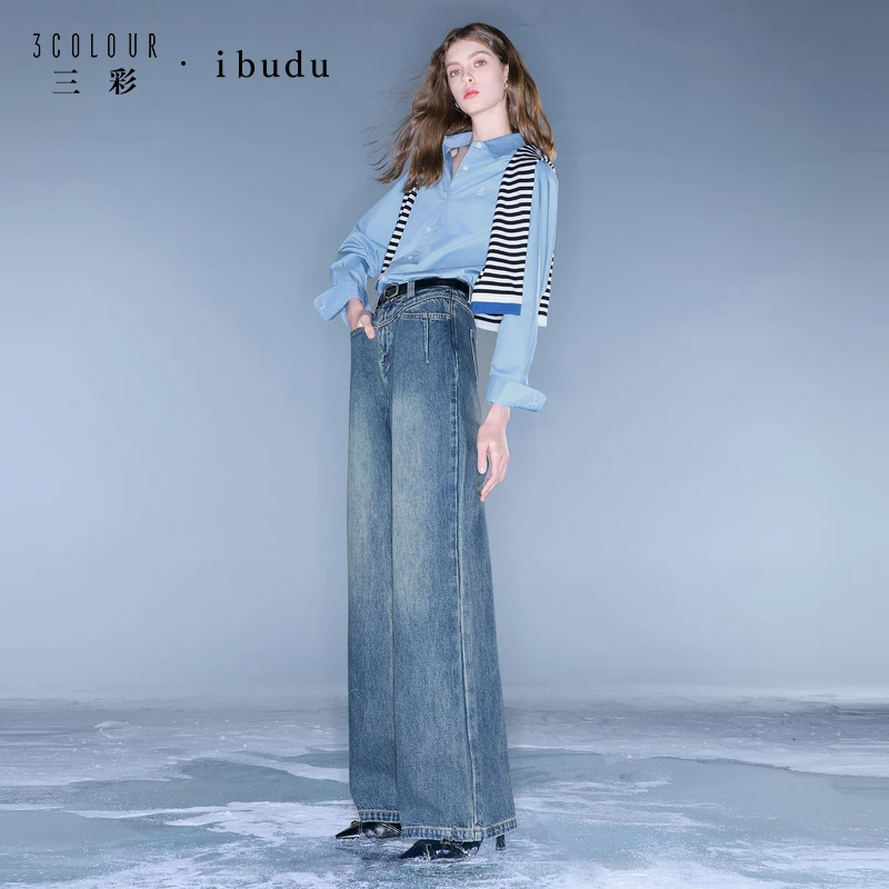 三彩ibudu2025秋季新款休闲牛仔裤中腰宽松直筒裤长裤女