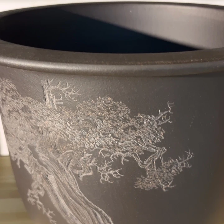 赵***建花盆紫砂 全手工石黄收藏刻绘