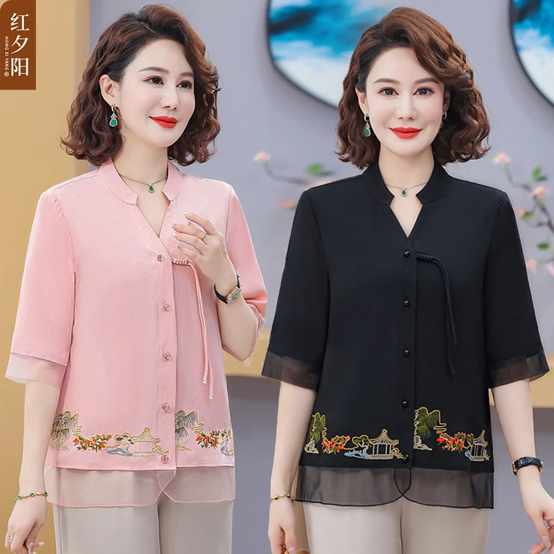 妈妈春夏装T恤新中式国风小衫2025新款中老年人上衣女洋气五分袖