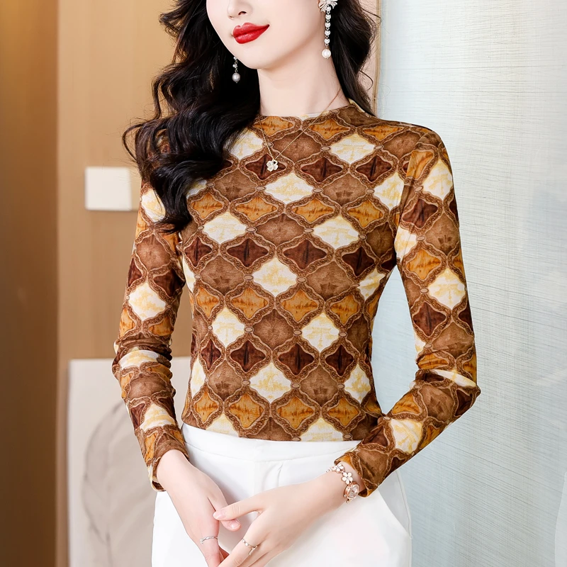 【上新福利】气质长袖印花T恤女时尚显瘦柔软内搭修身时髦上衣小衫