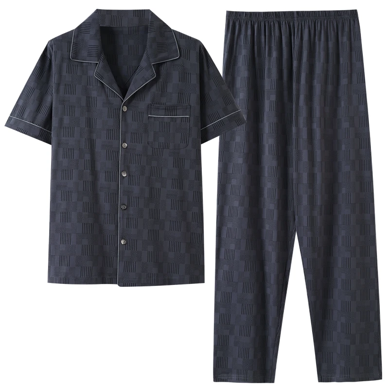 男士睡衣夏季100%纯棉短袖长裤薄款加肥加大中老年爸爸夏款家居服