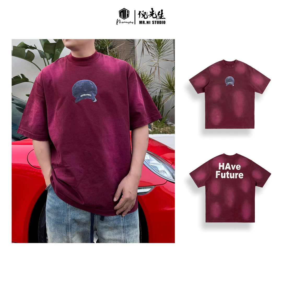 MR.NI/倪先生「街头LOOK」怀旧复古风重工洗水做旧喷马骝短袖T恤
