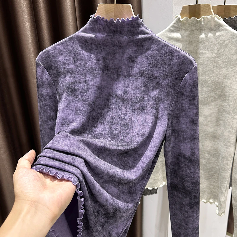 独特紫色扎染长袖T恤女秋冬修身显瘦木耳边内搭半高领磨毛打底衫
