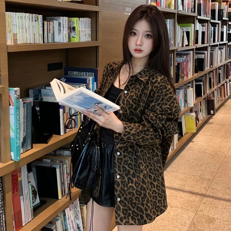 XJ豹纹复古港风宽松扎染印花衬衫女2025春季新款设计感长袖上衣