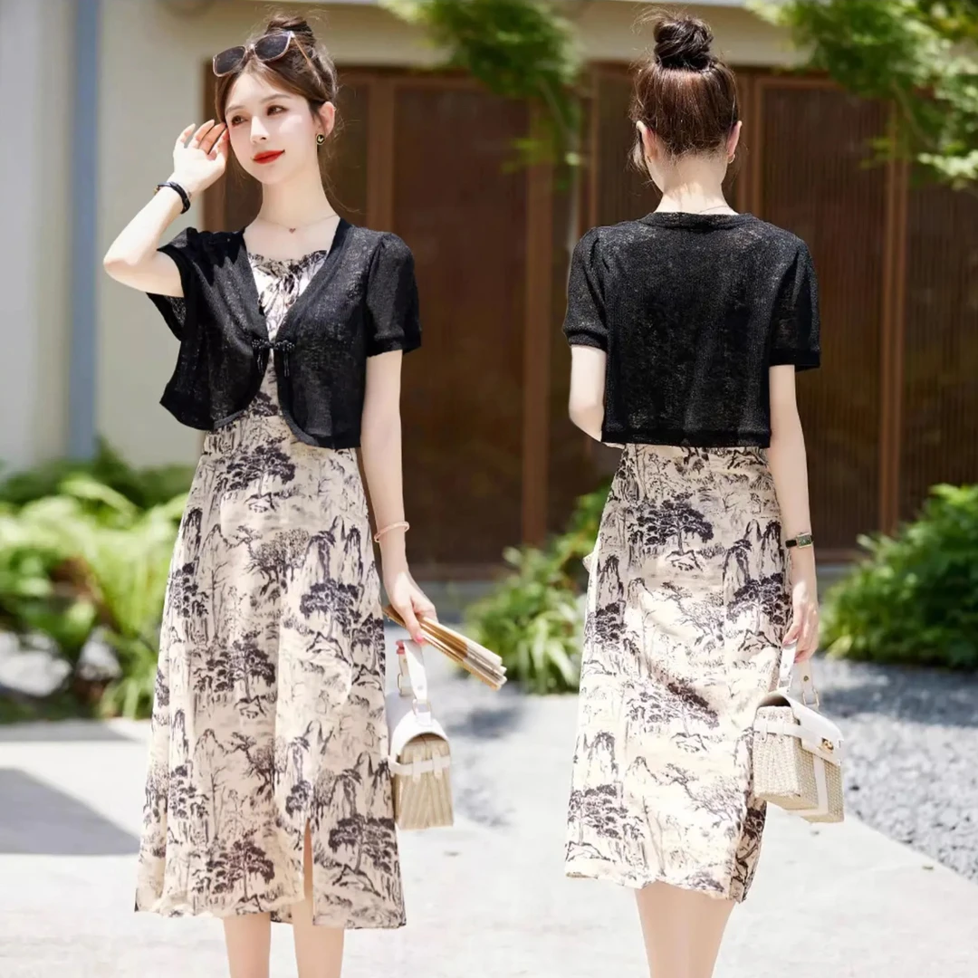 82076商场同款2025夏季时尚减龄套装蕾丝背心裙套装连衣裙显瘦