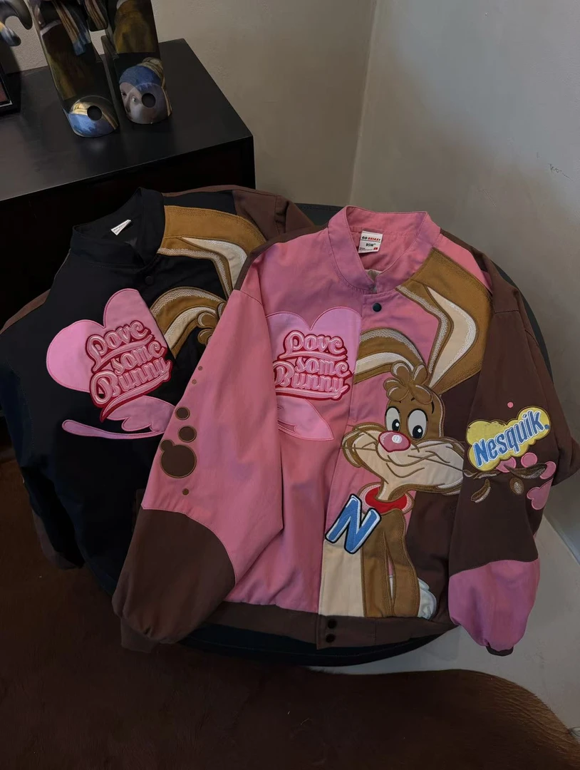 FP-现【麦麦兔】美式立领机车服拼接刺绣卡通短款夹克外套