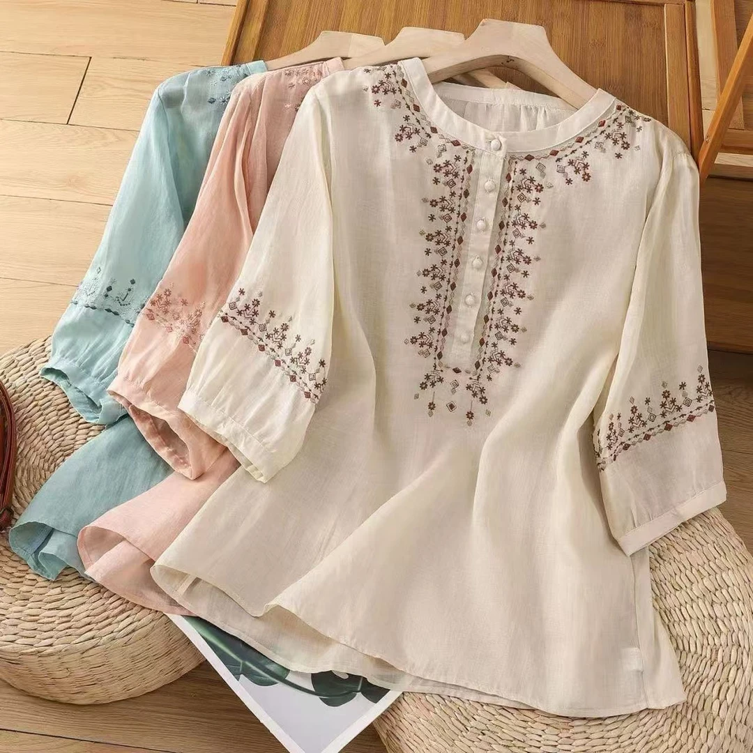 YOYOGALI 328棉麻文艺五分复古刺绣新款立领T恤