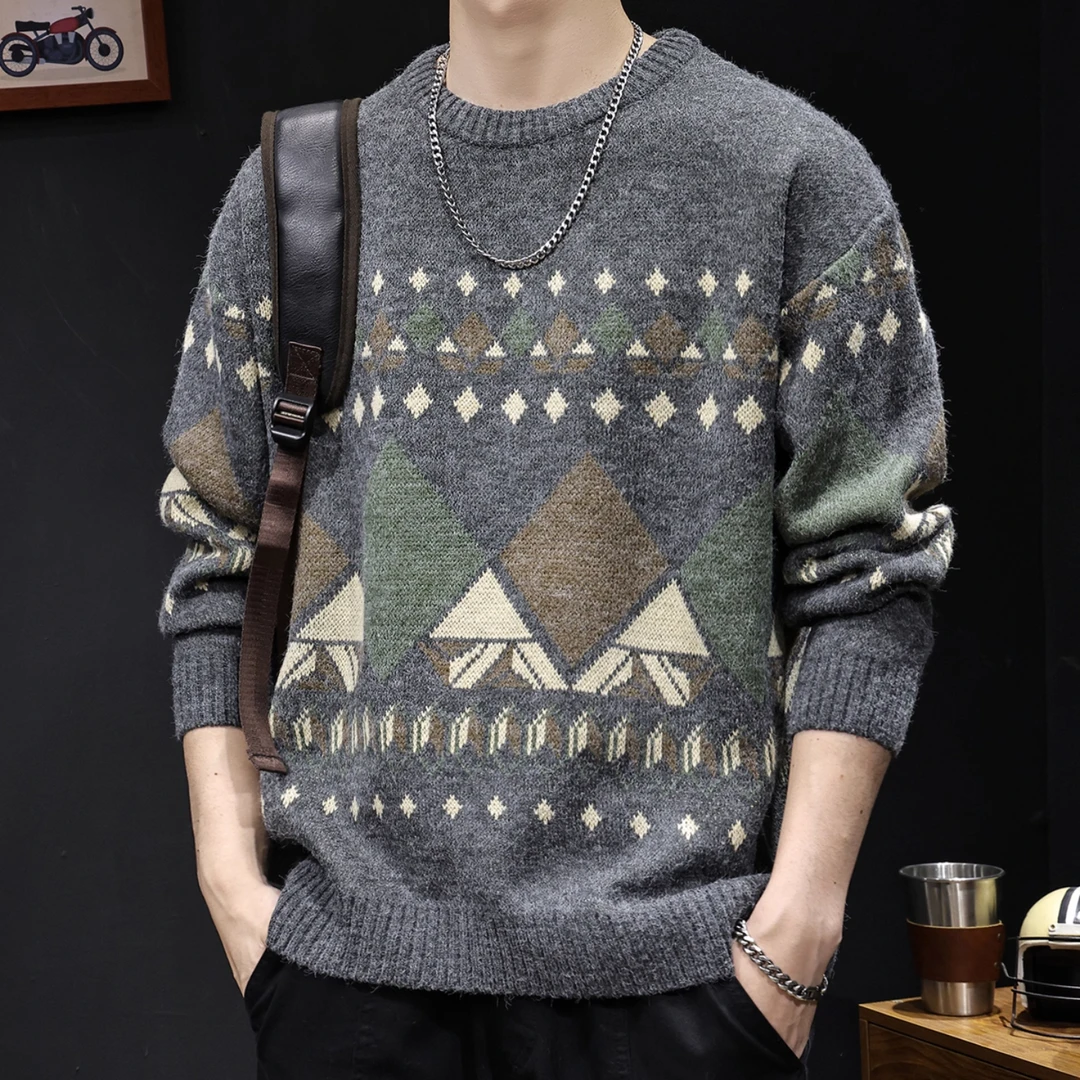 印花圆领毛衣男2025秋冬款新款潮牌加厚保暖衣服加肥加大打底衫潮