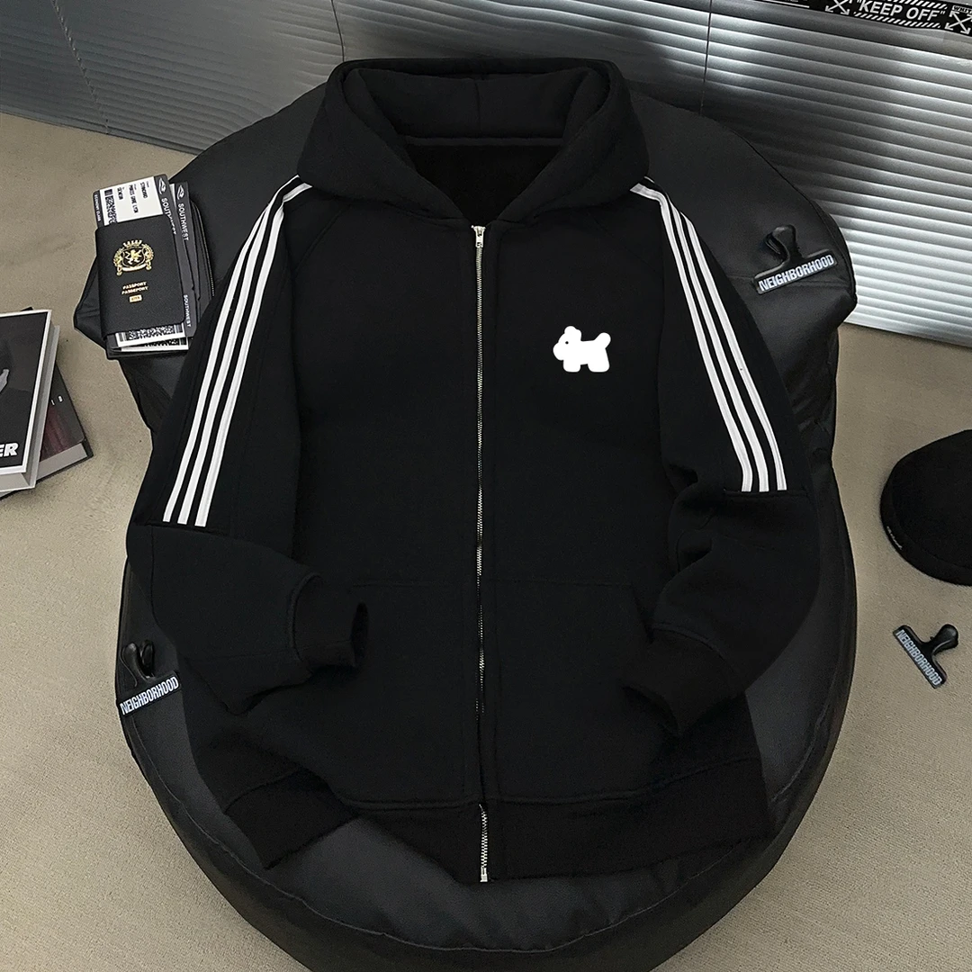 简约潮流秋冬季三条杠连帽开衫ins简笔小狗印花外套拉链男女卫衣