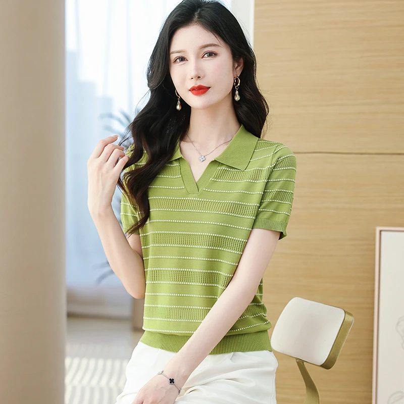 夏季POLO领短袖新款天丝女装t恤薄款洋气宽松中年妈妈装翻领上衣