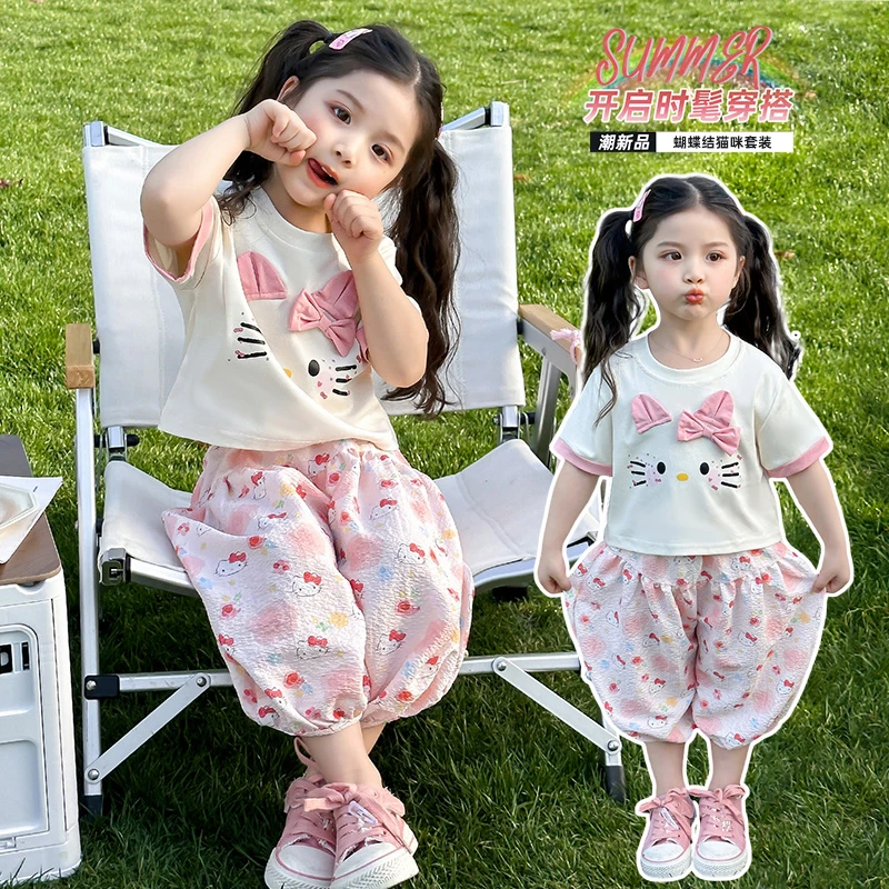 2025夏季女宝薄款休闲风夏季可爱套头常规套装蝴蝶结夏装上衣韩版