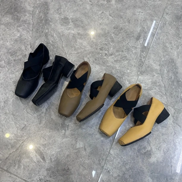 舒适翻边百搭女鞋时尚粗跟方头法式复古单鞋尖头芭蕾舞鞋