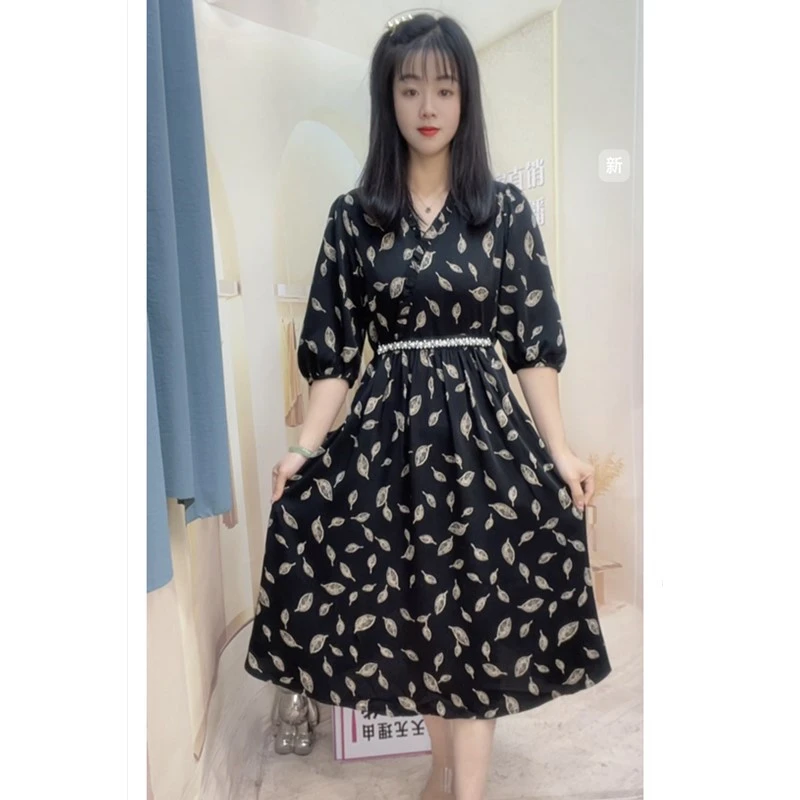 B3355显瘦气质夏季复古优雅中长款裙子