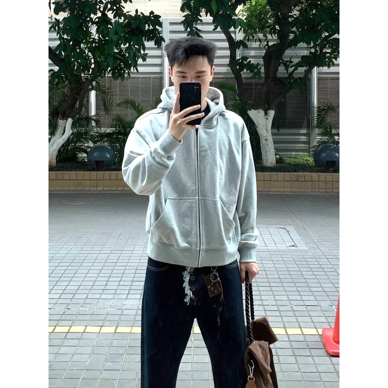 cleanfit白灰色开衫卫衣男款美式重磅连帽夹克高级感短款秋季外套