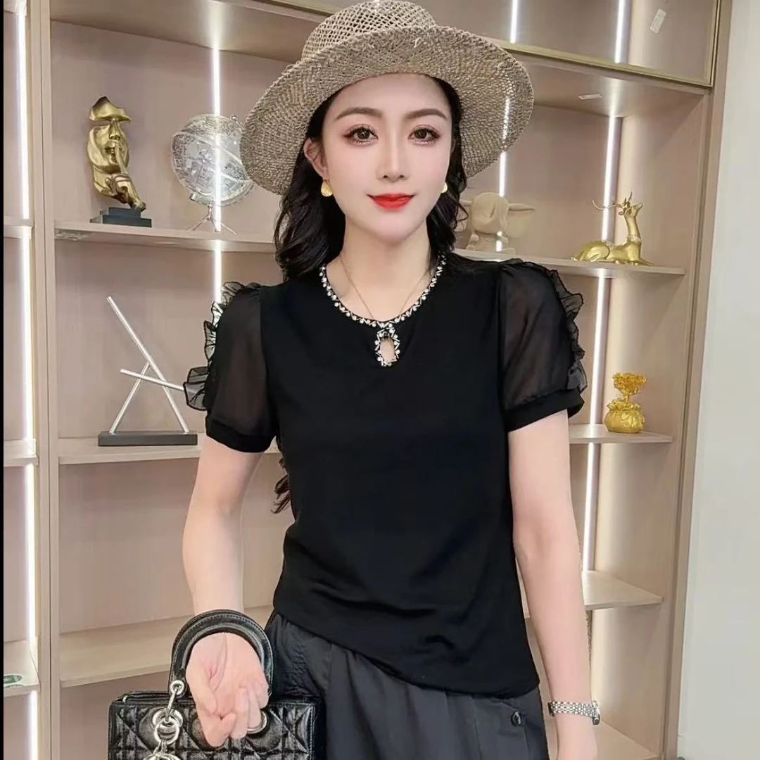 2025夏季新款时尚洋气百搭修身显瘦纯色个性圆领设计感女士上衣T