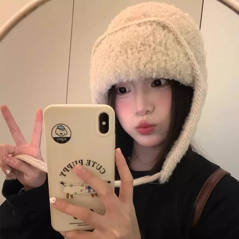 保暖防寒氛围感女秋冬季加厚加绒护耳针织粉色帽雪帽潮冷帽毛线帽