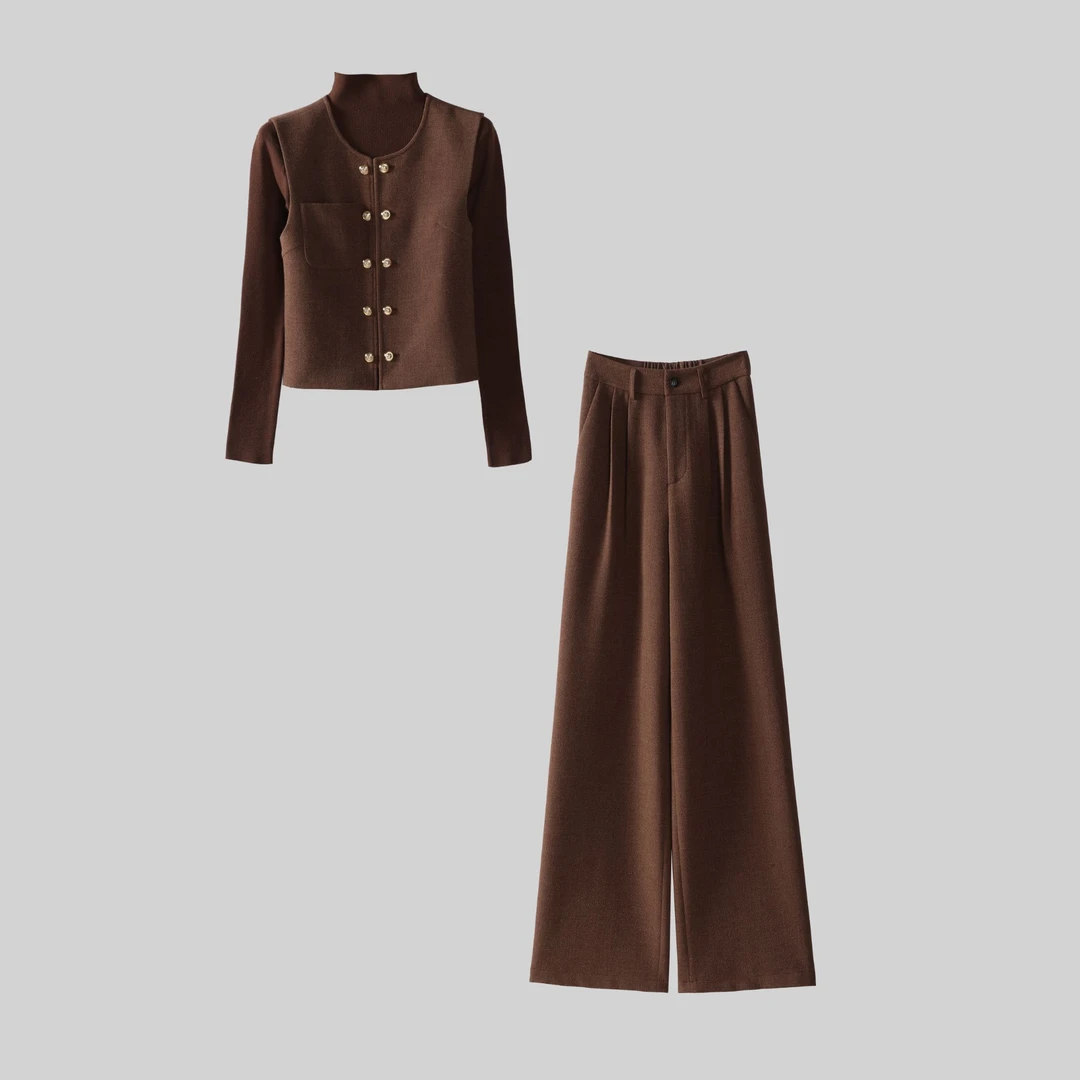 8807套装女秋冬新款洋气显瘦圆领马甲外套针织打底衫阔腿裤三件套