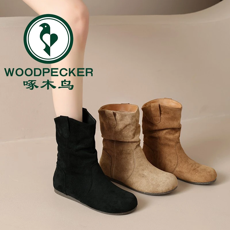 啄木鸟小个子平底短靴2025年秋冬新款勃肯鞋西部堆堆靴显瘦马丁靴