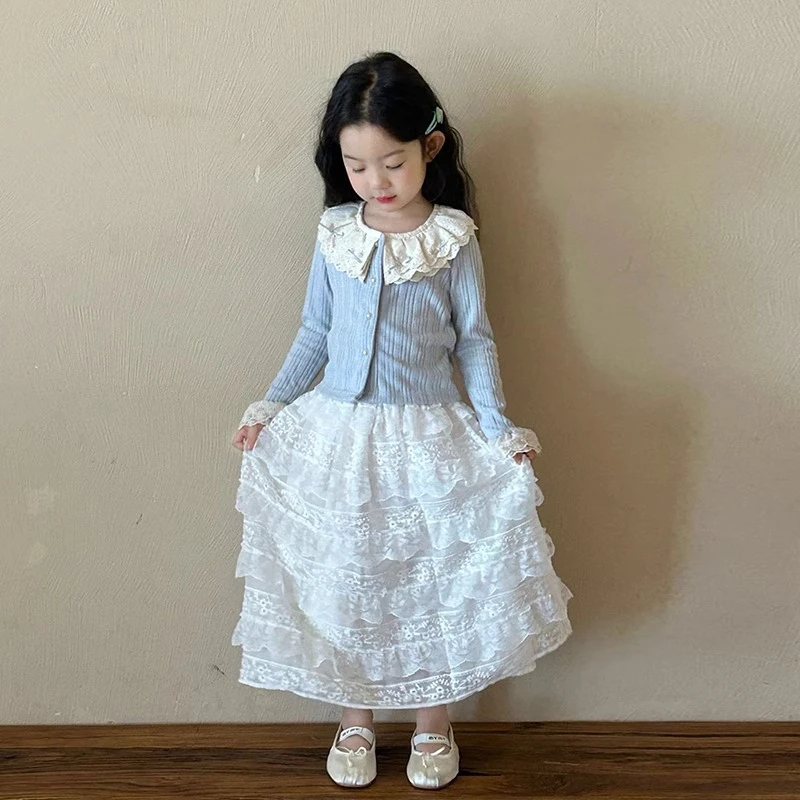 女童春装套装裙2025新款网红儿童洋气女宝宝开衫外套花边裙两件套