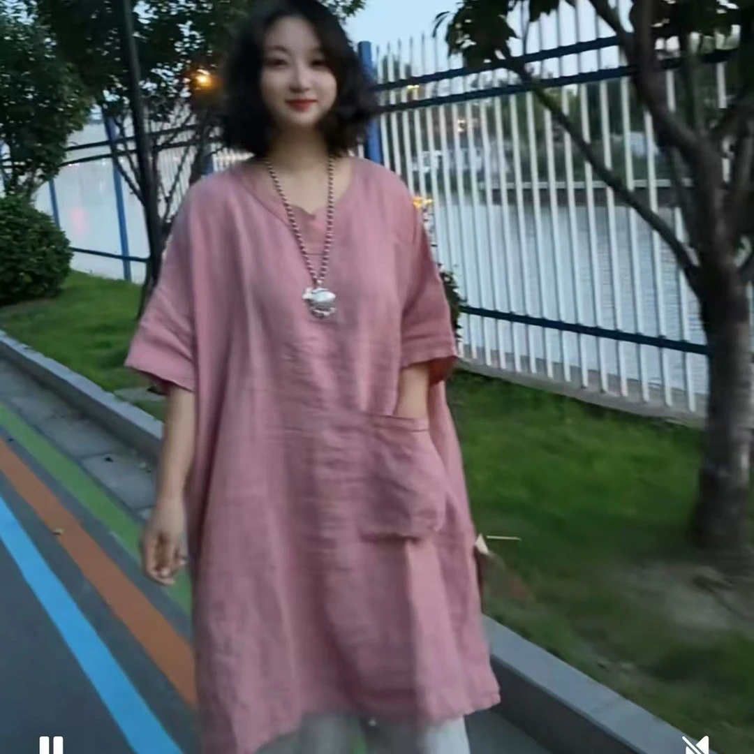 夏季新款慵懒风宽松纯亚麻中长款鸡心领手工刺绣连衣裙