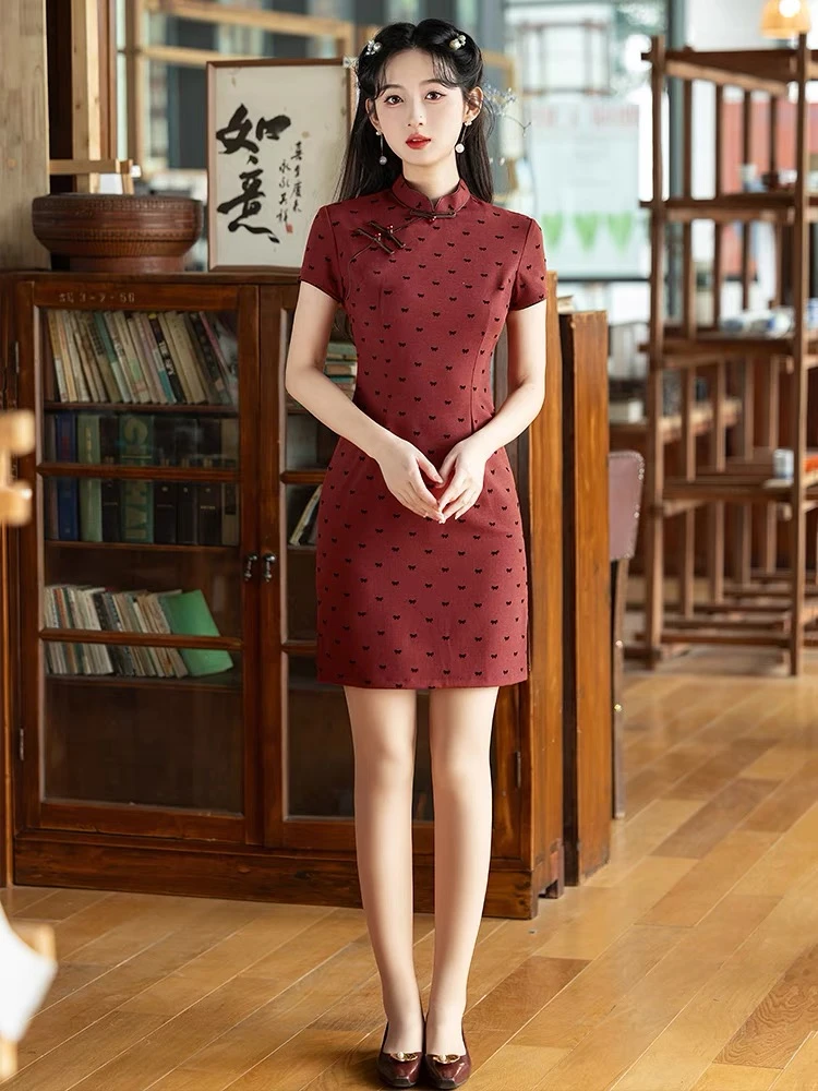 改良旗袍2025夏季新款日常红色复古中式中长款气质小个子优雅显瘦