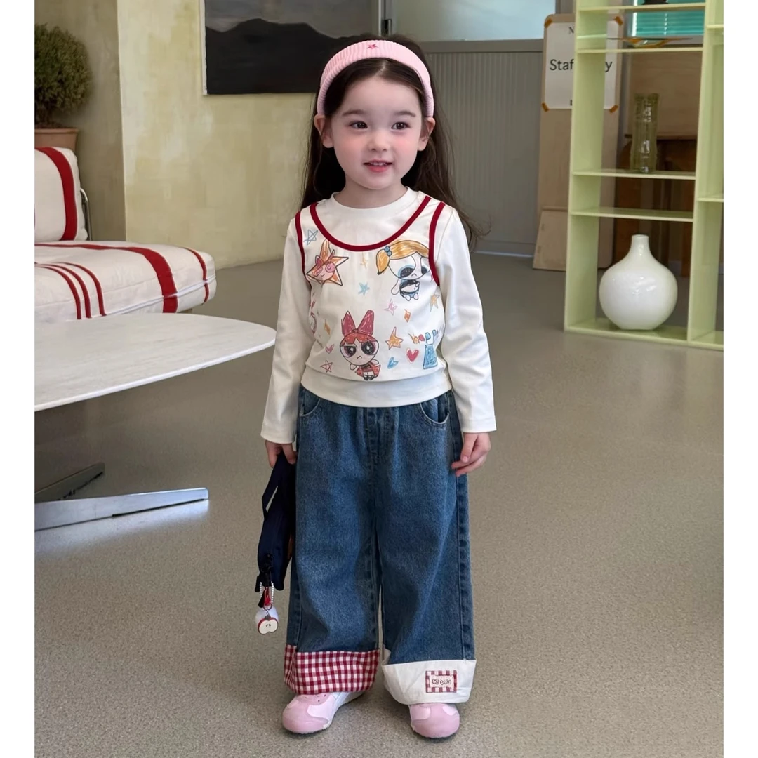 2025秋季女童韩版假两件T恤牛仔裤两件套秋季童装儿童洋气百搭潮