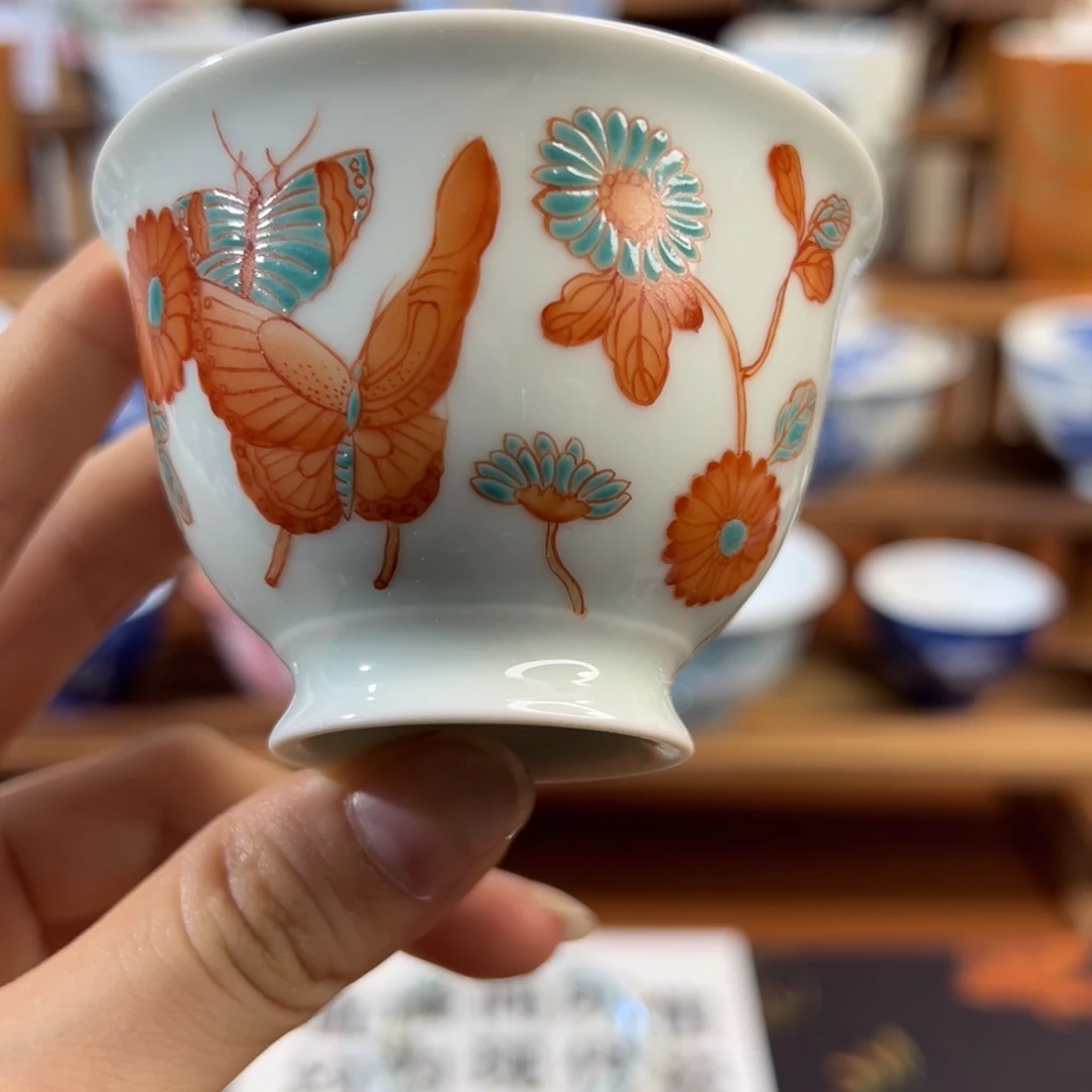 知冬煮雪手工手绘茶具-红绿彩单杯