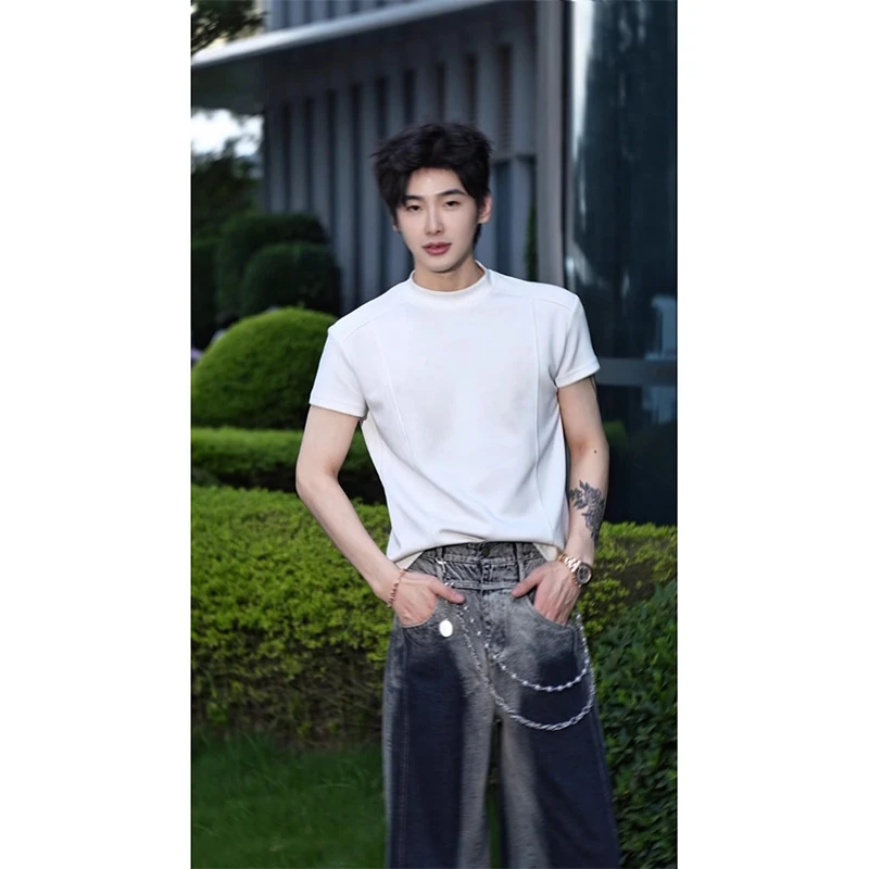 白色拼接男士短袖t恤夏季cleanfit运动修身五分袖高级感美式半袖