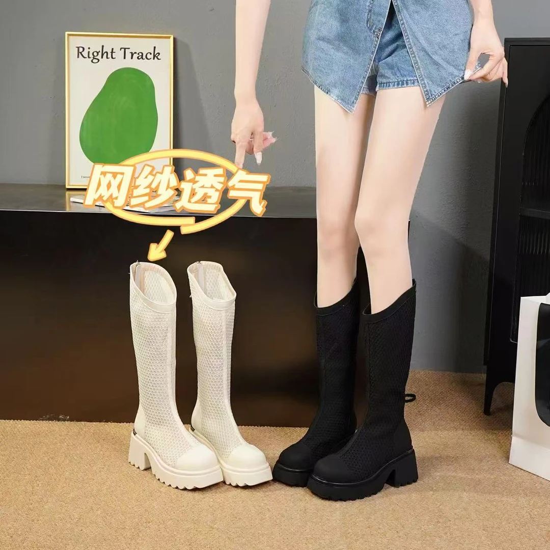 Hibseux/槿奢不过膝网纱长筒靴女2025新款夏季薄款厚底透气凉靴