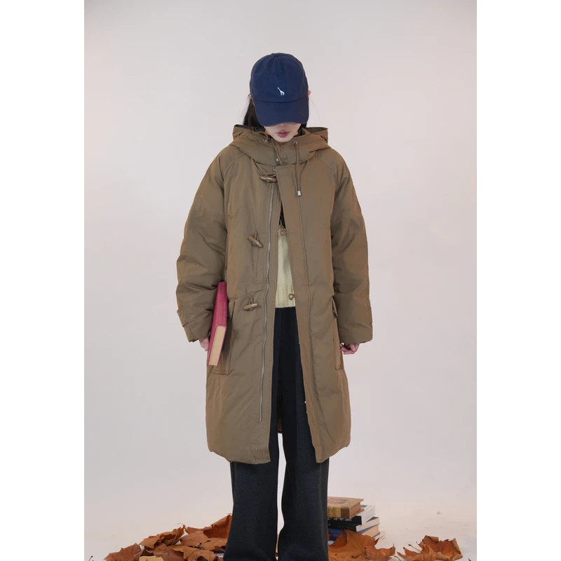 百武西“经典C位”法式文艺工装长款连帽加厚羽绒服9154